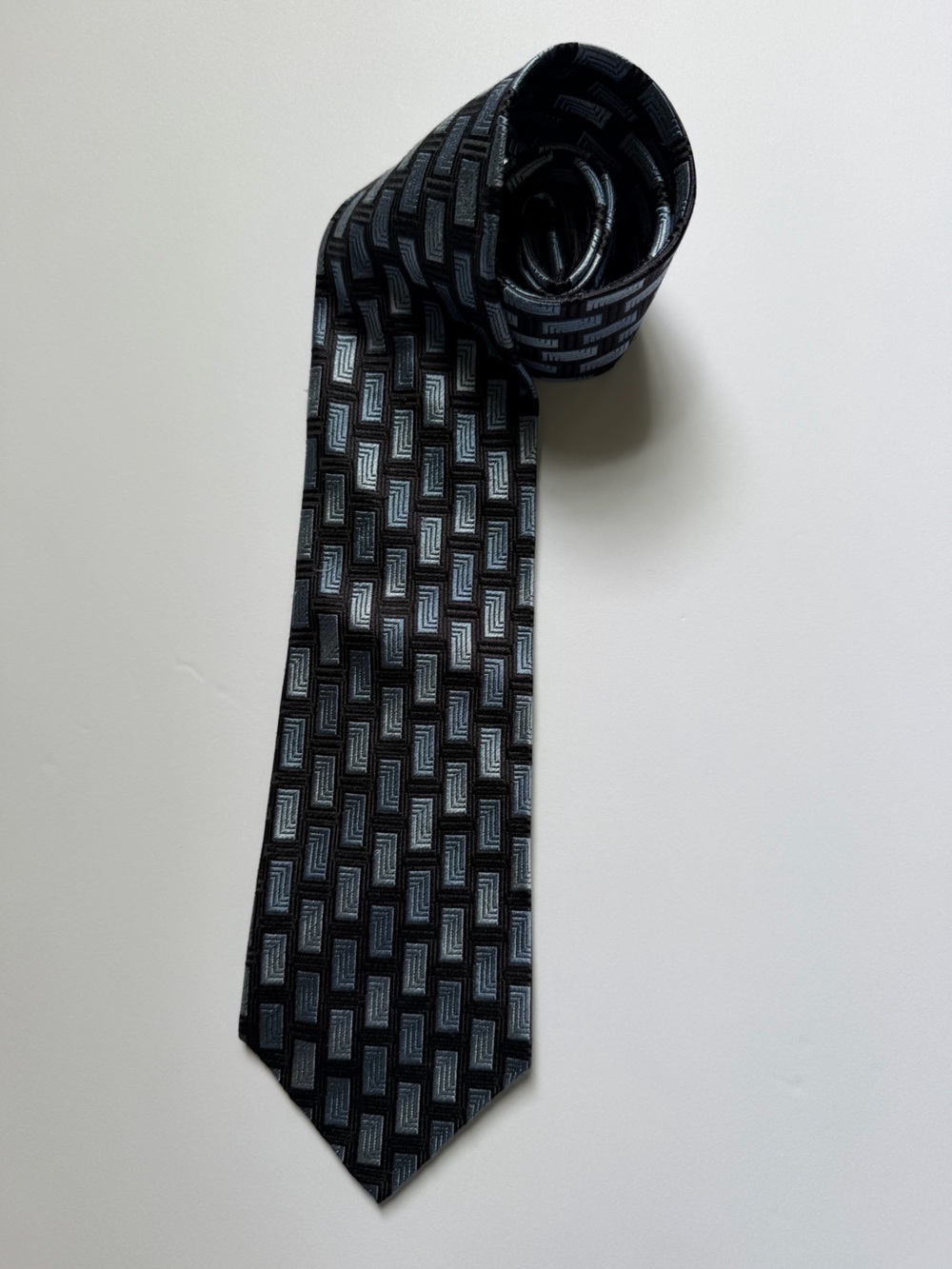 Polifroni Milano 100% Silk Tie Black Silver Geometric Wide Necktie